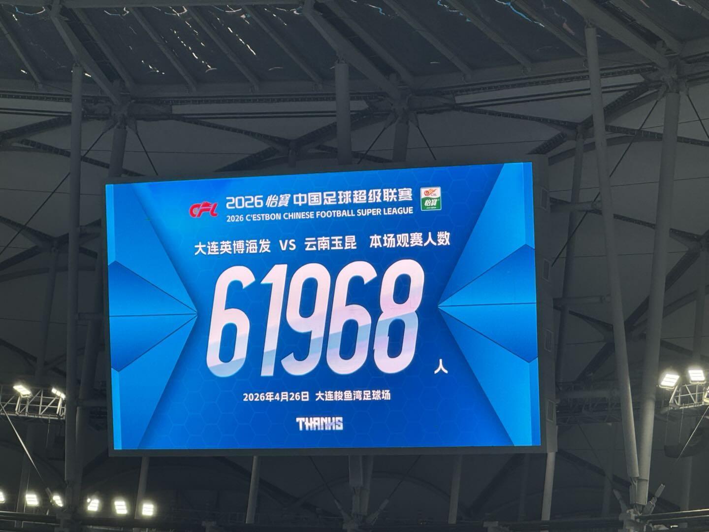 2026世界杯赛事直播平台-英博vs云南共有61968人到场观赛，为大连英博第2高&amp;amp;中超第5高